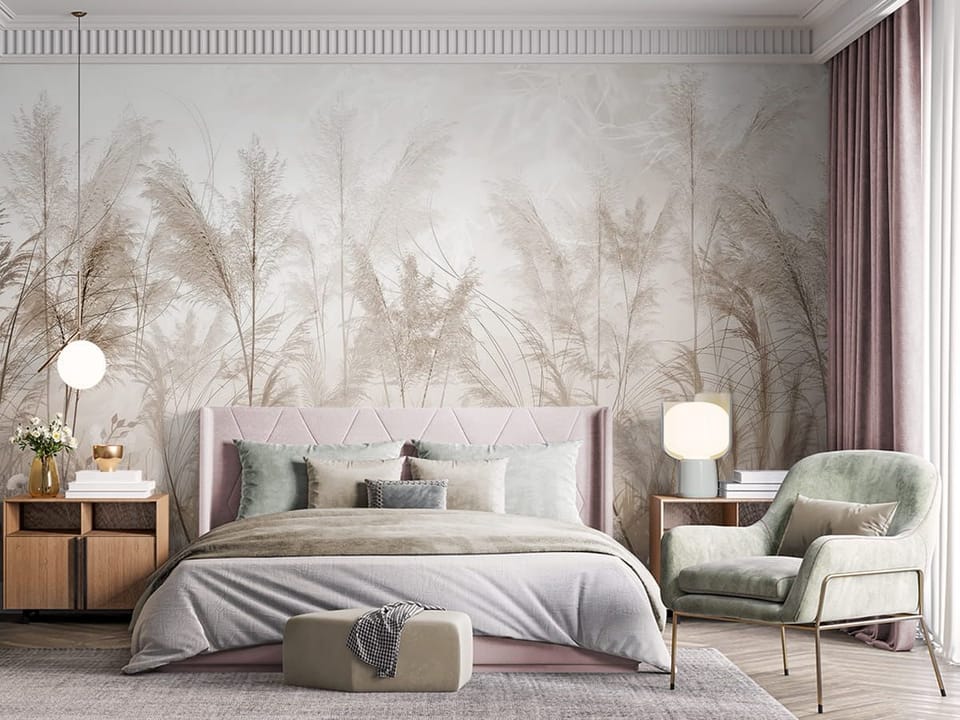 Fototapeta Spokojny krajobraz z trawami we wnętrzu sypialni