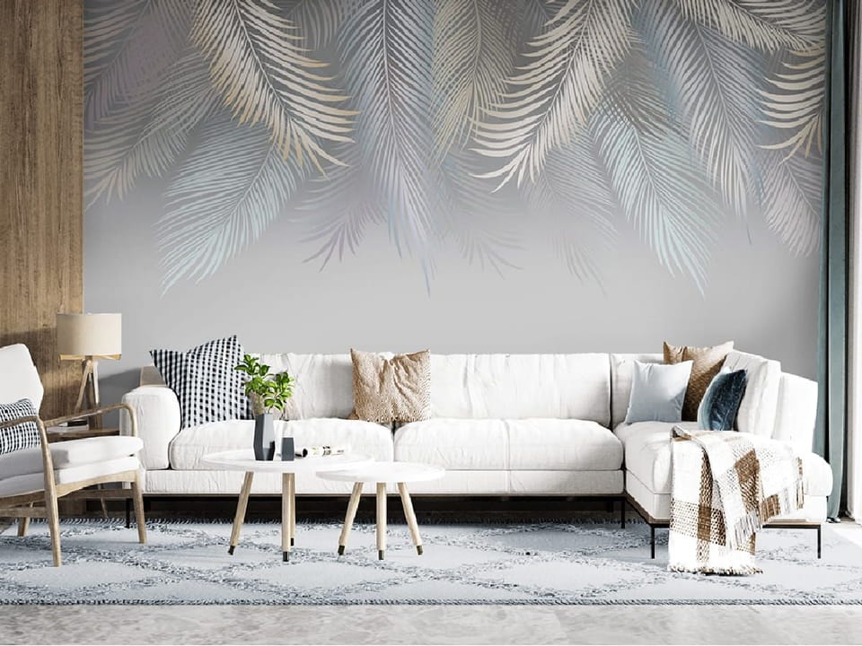 Fototapeta Liście palmowe na szarym tle we wnętrzu salonu
