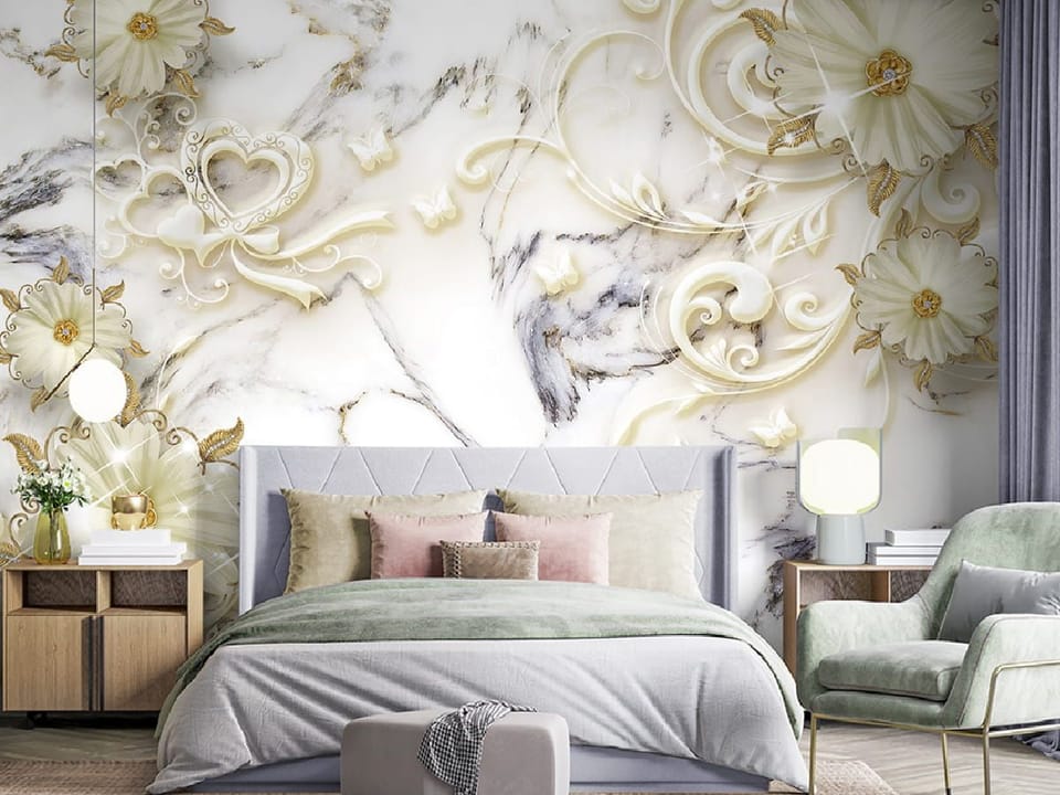 Fototapeta Kwiaty i Złote Liście na Marmurze we wnętrzu sypialni