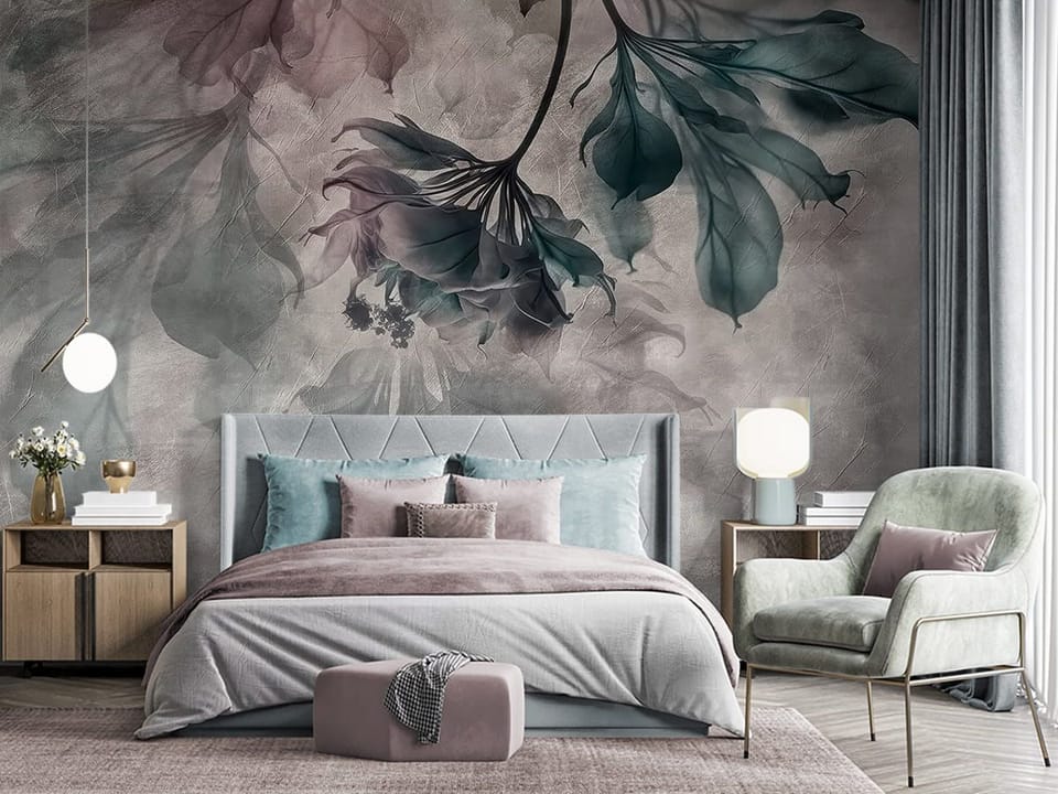 Fototapeta Egzotyczne liście i kwiaty we wnętrzu sypialni