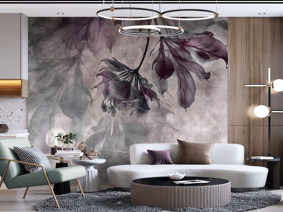 Fototapeta Egzotyczne liście na jasnym tle we wnętrzu salonu