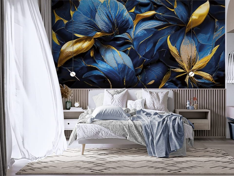 Fototapeta Abstrakcyjne Niebieskie Liście we wnętrzu sypialni