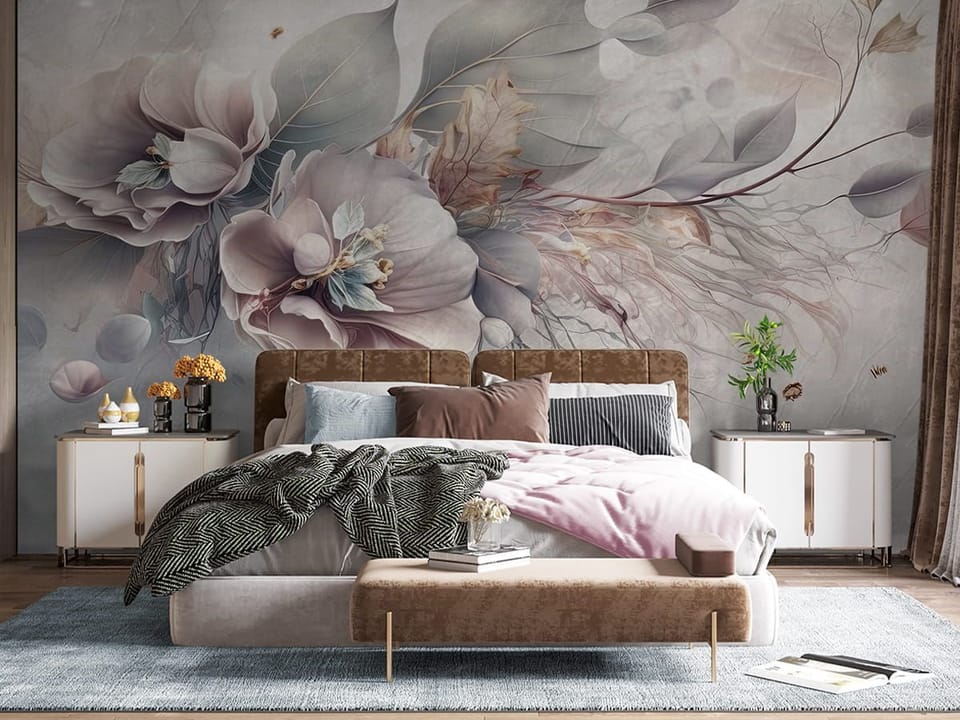 Fototapeta Egzotyczne kwiaty i liście we wnętrzu sypialni