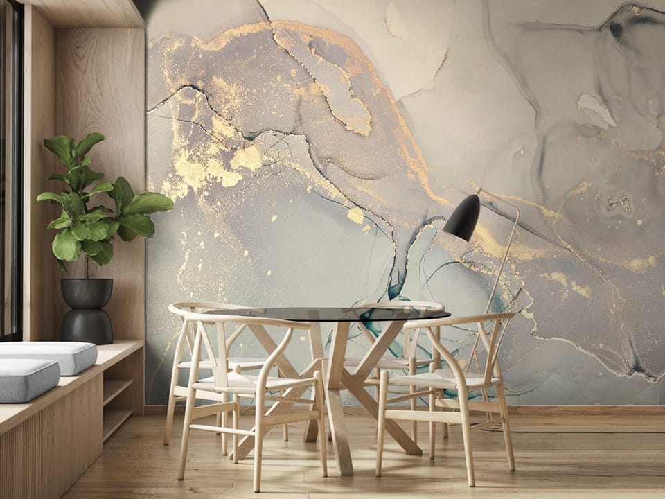 Fototapeta Abstrakcyjne Plamy i Złote Akcenty we wnętrzu kuchni