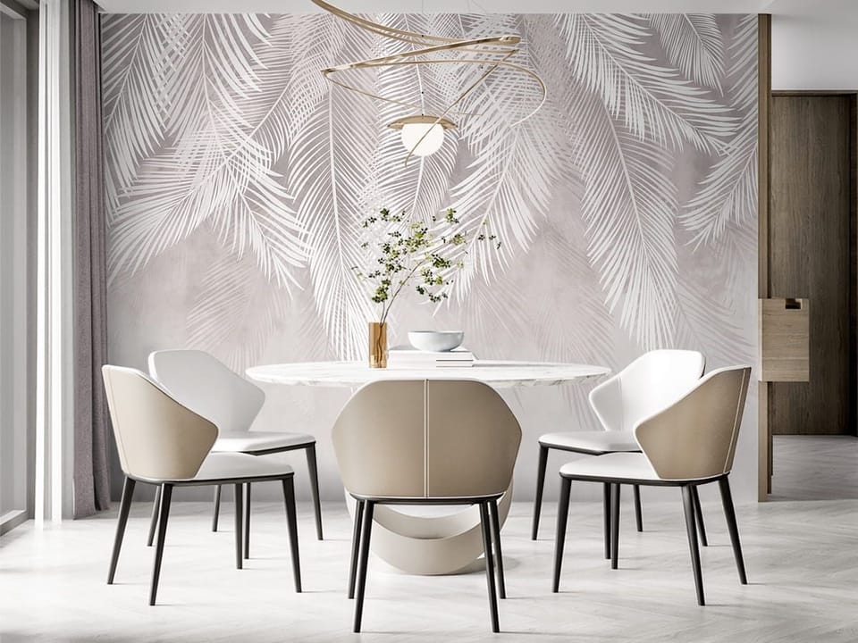 Fototapeta Białe liście palmowe na jasnym tle we wnętrzu kuchni