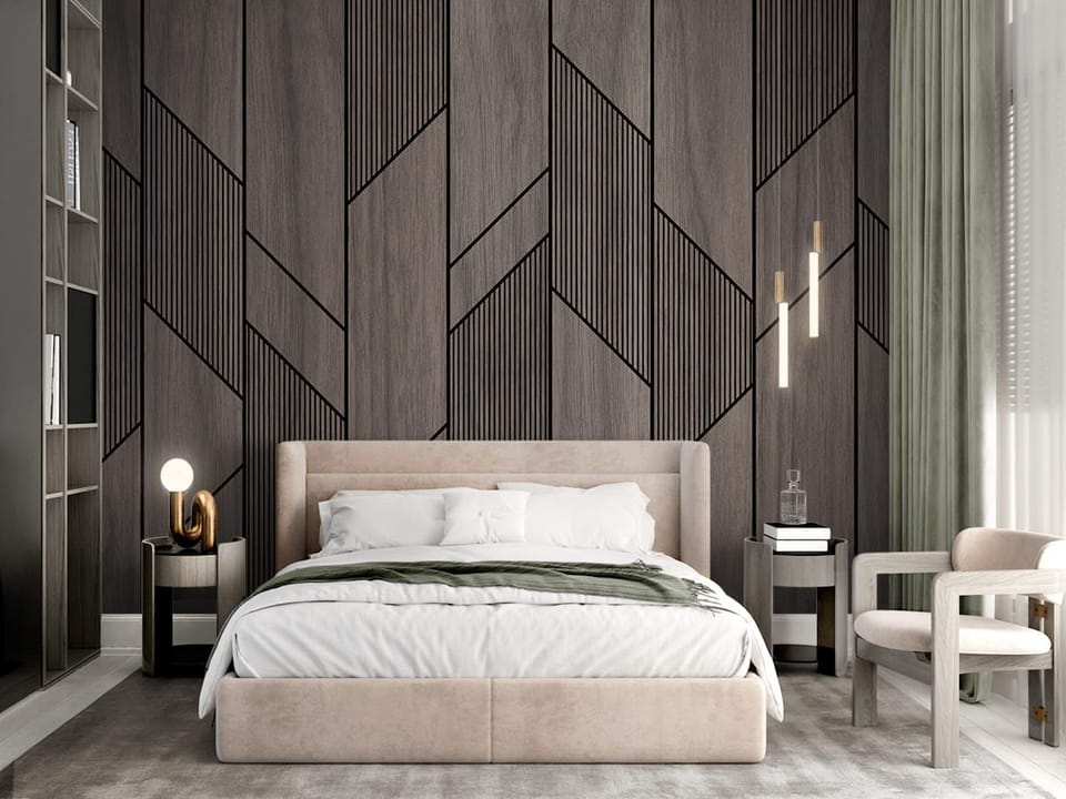 Fototapeta Geometryczne wzory na drewnie we wnętrzu sypialni