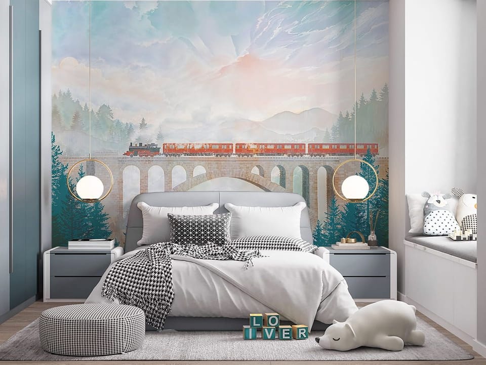 Fototapeta Pociąg na moście wśród gór we wnętrzu pokoju dziecka