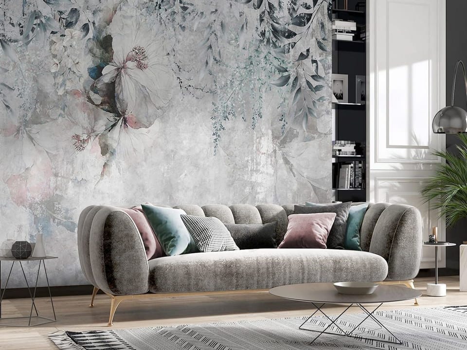 Fototapeta Kwiatowe Murale z Delikatnym Tłem we wnętrzu salonu
