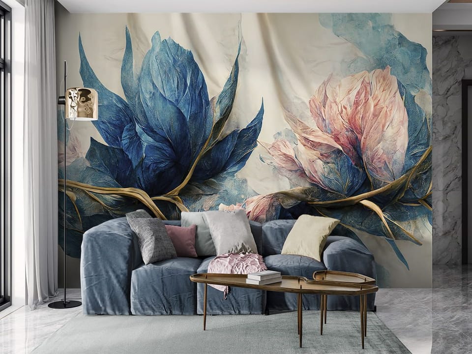 Fototapeta Egzotyczne kwiaty w odcieniach błękitu we wnętrzu salonu
