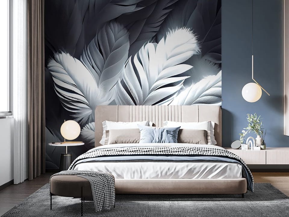 Fototapeta Zbliżenie białych piór na ciemnym tle we wnętrzu sypialni