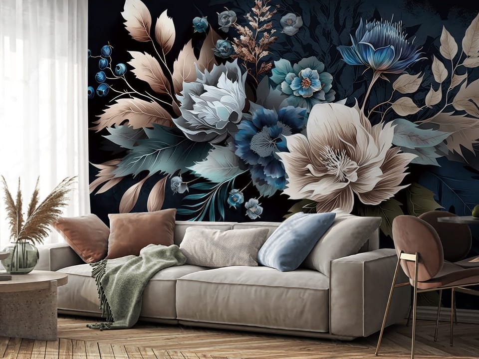 Fototapeta Egzotyczne kwiaty na ciemnym tle we wnętrzu salonu