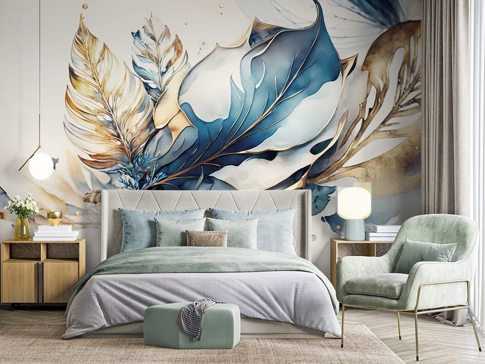 Fototapeta Abstrakcyjne liście i pióra we wnętrzu sypialni