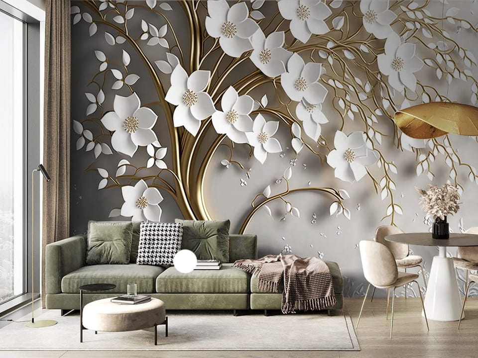 Fototapeta Dekoracyjne drzewo z kwiatami 3D we wnętrzu salonu