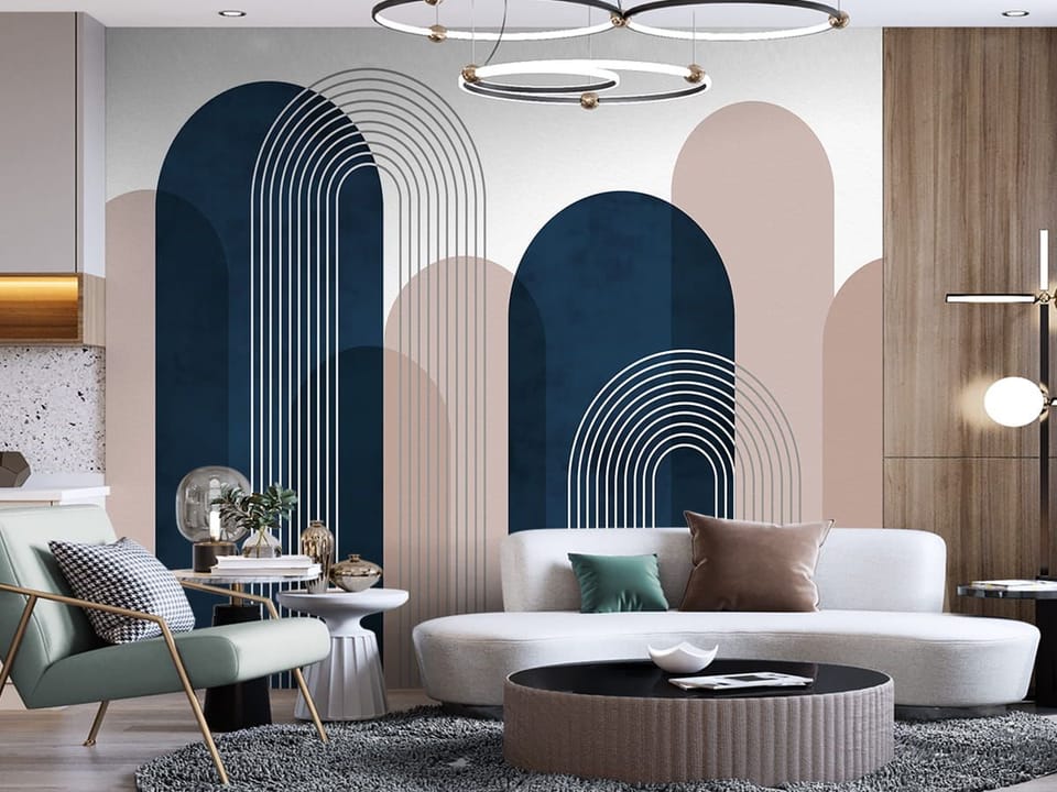 Fototapeta Geometryczne łuki i linie na beżowym tle we wnętrzu salonu