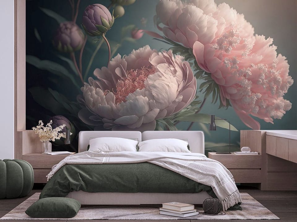 Fototapeta Piwonie na ciemnym tle we wnętrzu sypialni