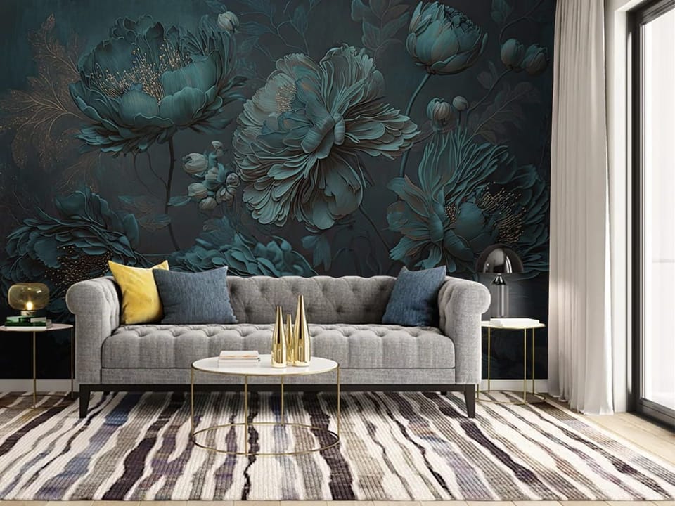 Fototapeta Niebieskie Piwonie z Detalami we wnętrzu salonu