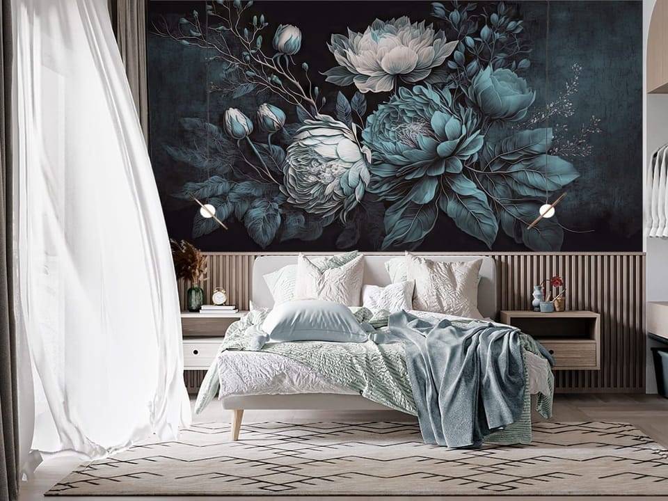 Fototapeta Niebieskie piwonie na ciemnym tle we wnętrzu sypialni