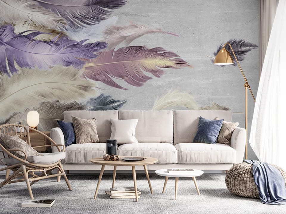 Fototapeta Kolorowe pióra na szarym tle we wnętrzu salonu