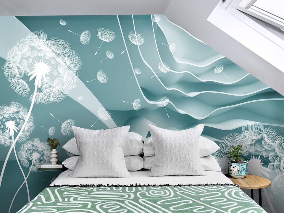 Fototapeta Białe dmuchawce i fale 3D we wnętrzu sypialni