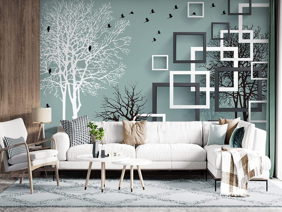 Fototapeta Geometryczne drzewa na jasnym tle we wnętrzu salonu