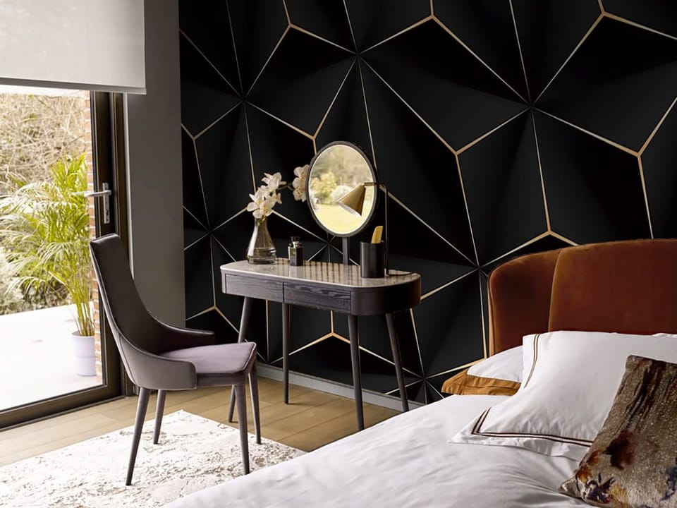 Fototapeta Geometryczne piramidy 3D we wnętrzu sypialni