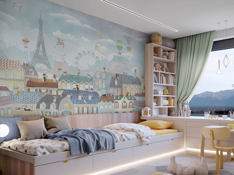 Fototapeta Kolorowe Dachy z Kotami we wnętrzu pokoju dziecka