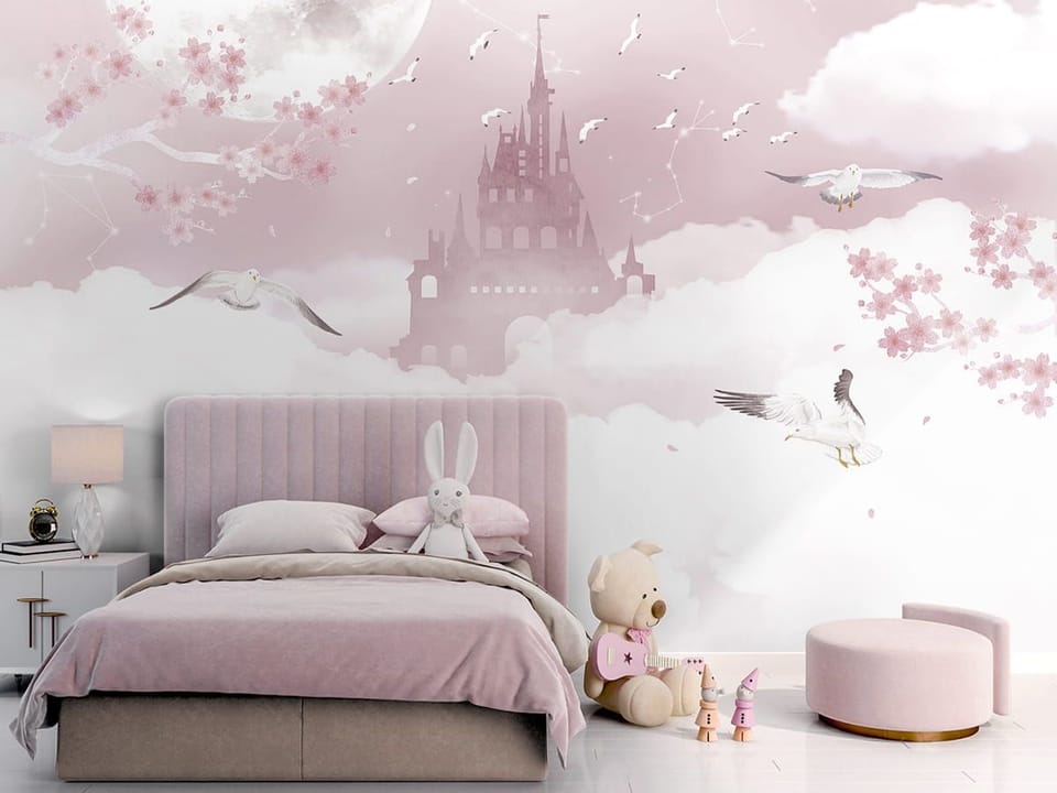 Fototapeta Zamek w Chmurach z Kwiatami we wnętrzu pokoju dziecka