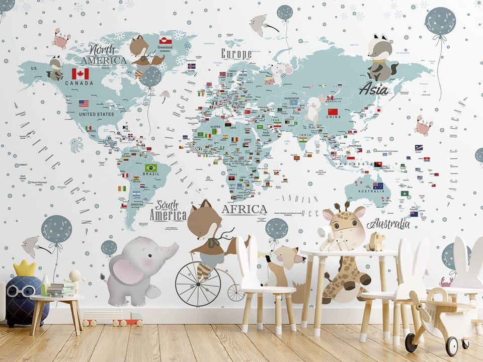 Fototapeta Mapa świata dla dzieci z postaciami we wnętrzu pokoju dziecka