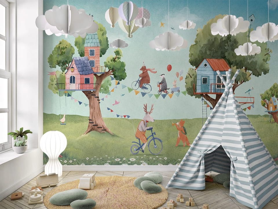 Fototapeta Domki na drzewach i zwierzęta we wnętrzu pokoju dziecka