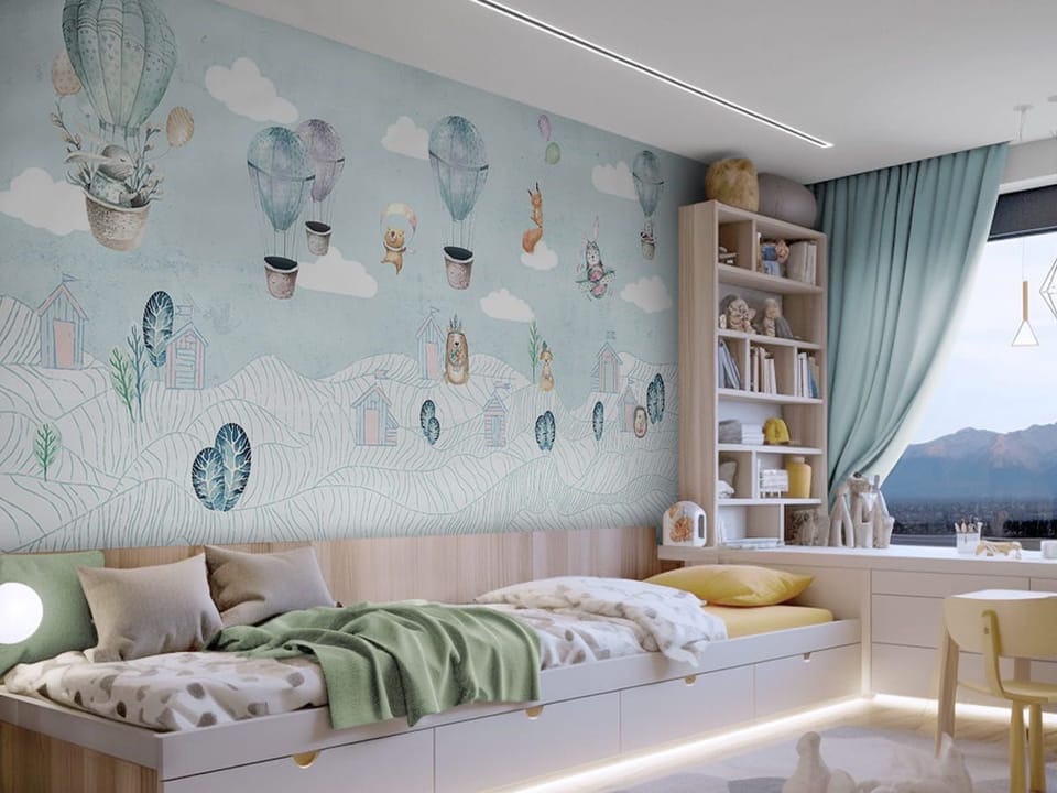 Fototapeta Balony i Postacie na Niebie we wnętrzu pokoju dziecka