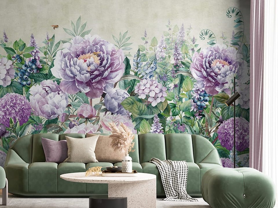 Fototapeta Piwonie w Ogrodzie we wnętrzu salonu