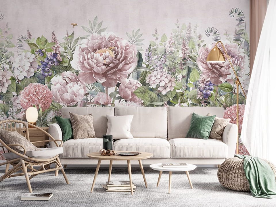 Fototapeta Piwonie w ogrodzie pełnym kwiatów we wnętrzu salonu