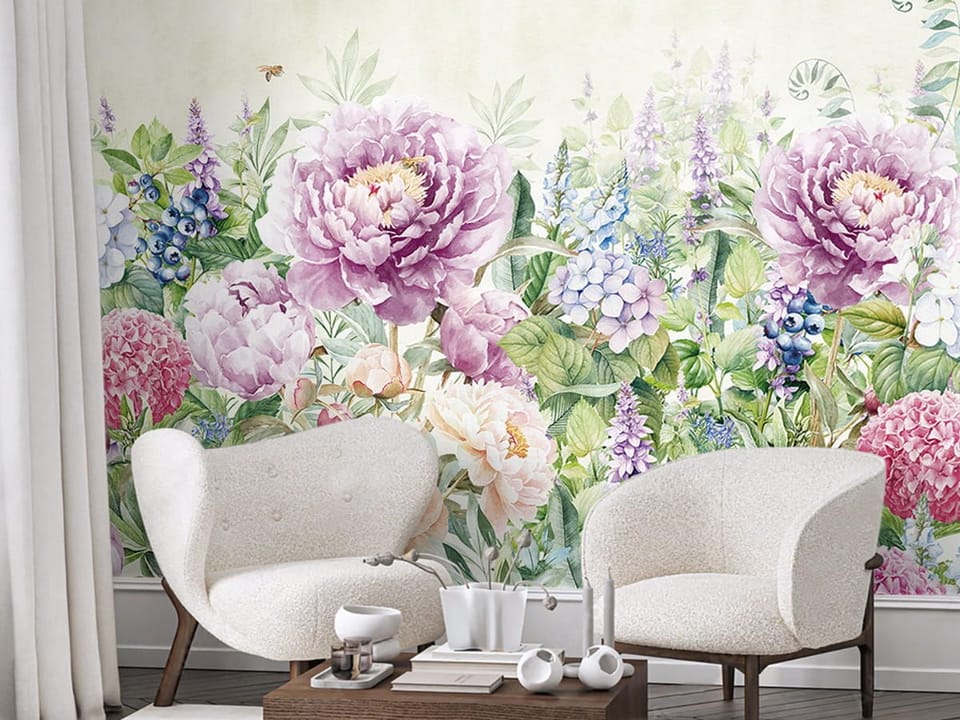Fototapeta Kwiaty piwonii i hortensji we wnętrzu przedpokoju