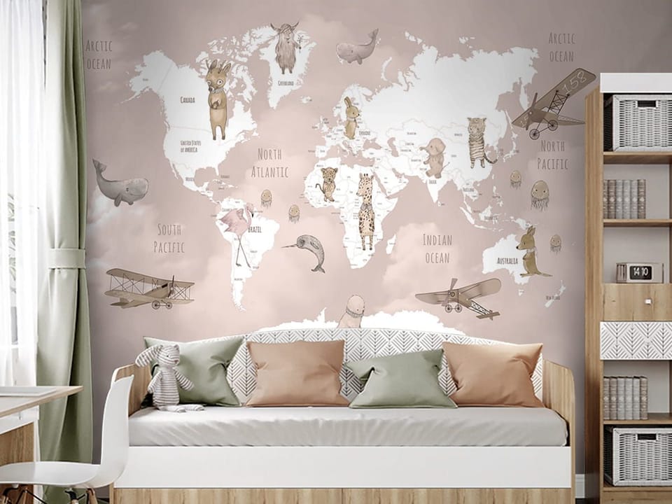 Fototapeta Mapa świata z ilustracjami zwierząt we wnętrzu pokoju dziecka