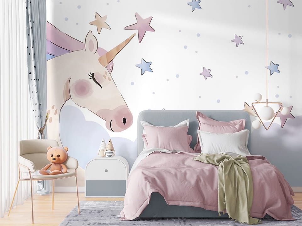 Fototapeta Jednorożec w pastelowych chmurach we wnętrzu pokoju dziecka