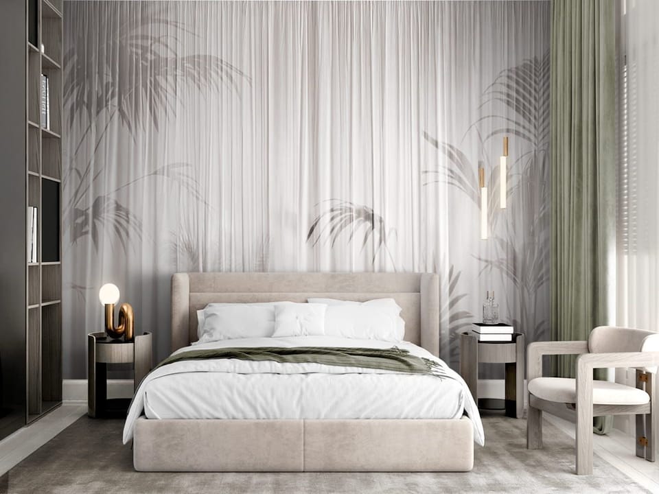 Fototapeta Cienie liści na jasnej zasłonie we wnętrzu sypialni