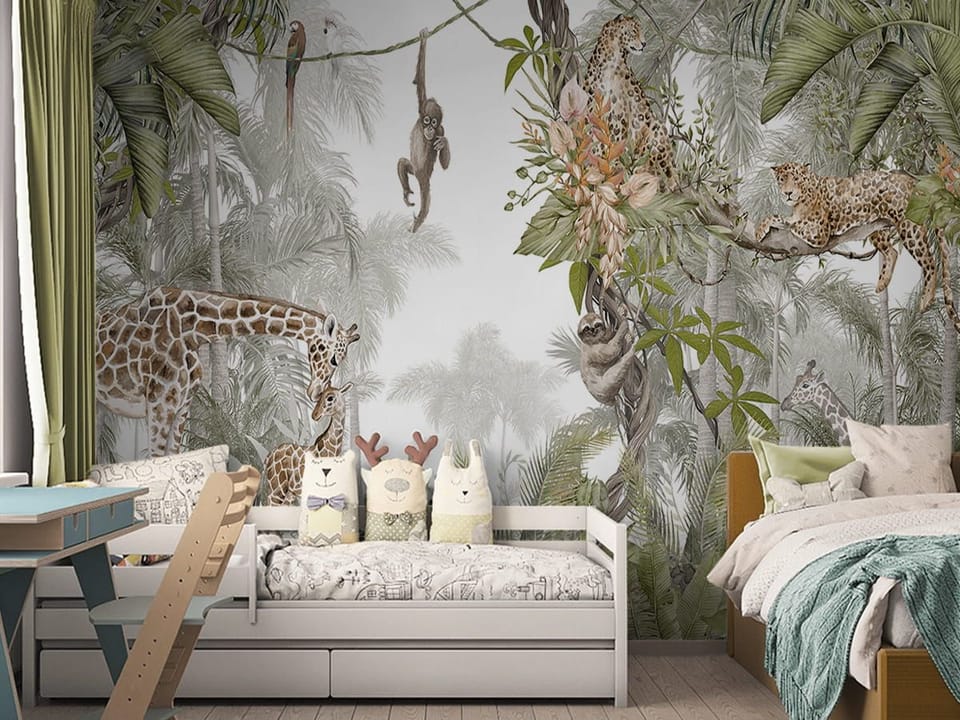 Fototapeta Zwierzęta w tropikalnym lesie we wnętrzu pokoju dziecka