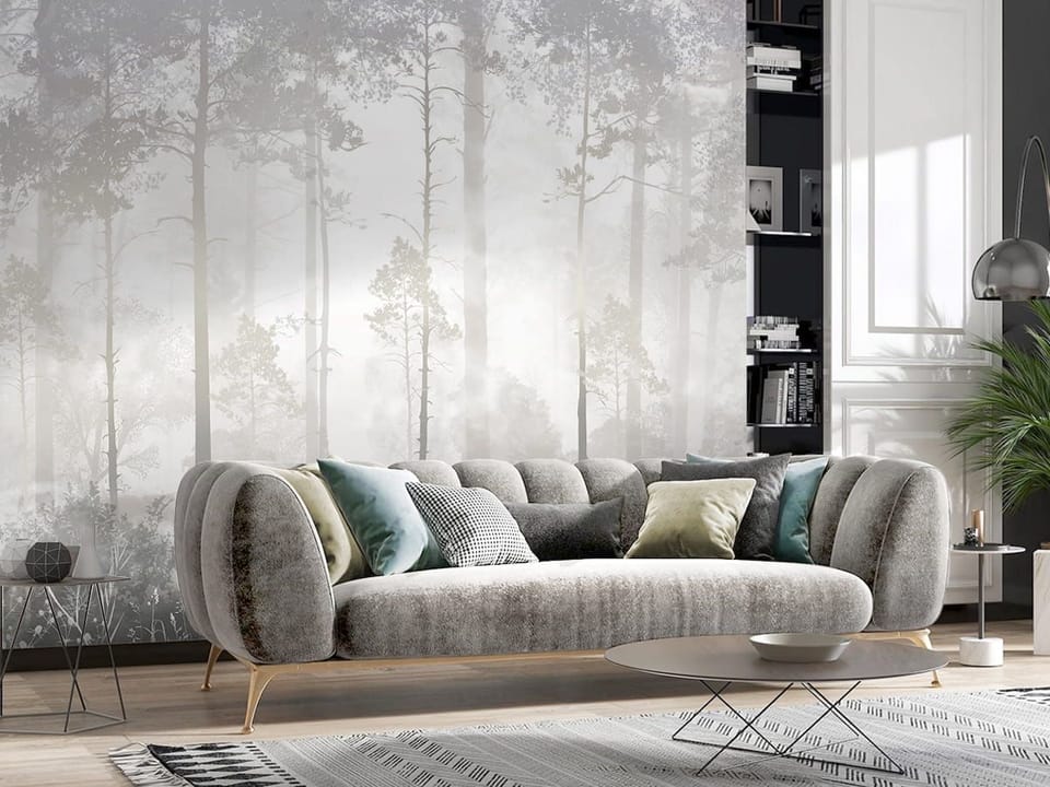Fototapeta Leśna mgła i wysokie drzewa we wnętrzu salonu