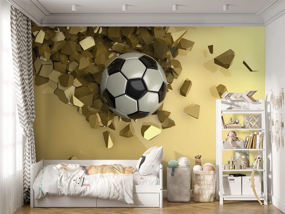 Fototapeta Piłka nożna w złotych odłamkach we wnętrzu pokoju dziecka