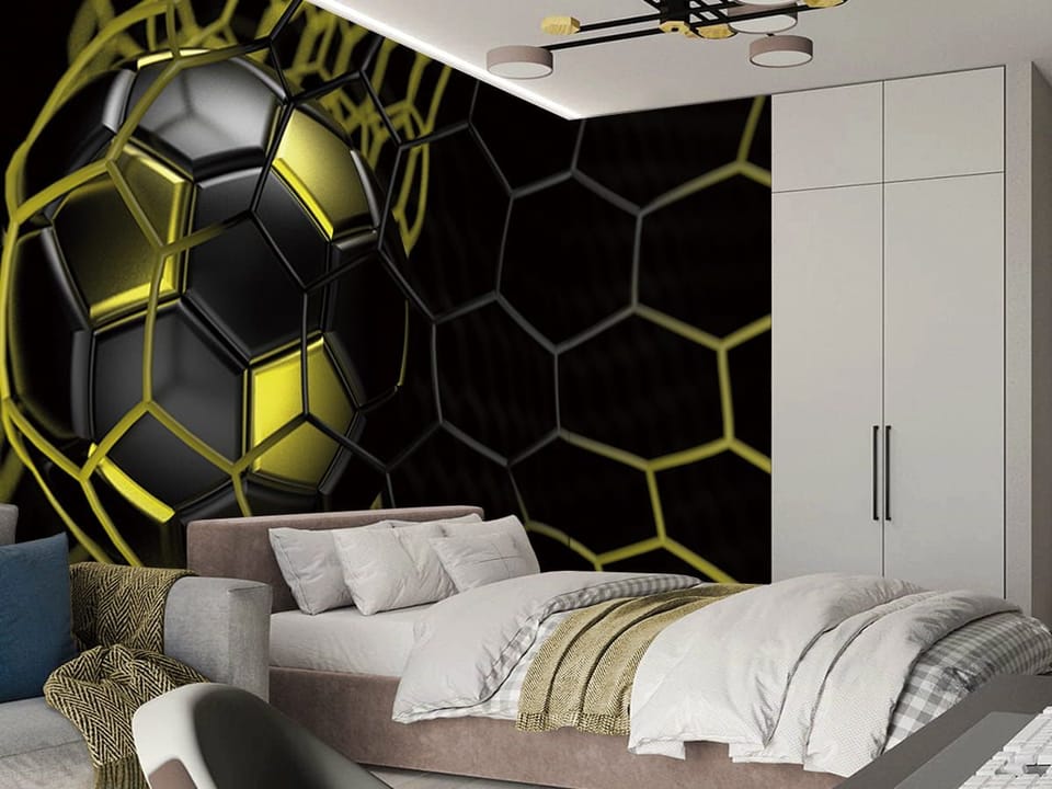 Fototapeta Piłka nożna w siatce bramki we wnętrzu pokoju nastolatka