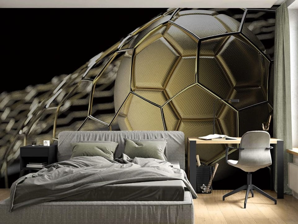 Fototapeta Złota Piłka w Metalicznej Siatce we wnętrzu pokoju nastolatka