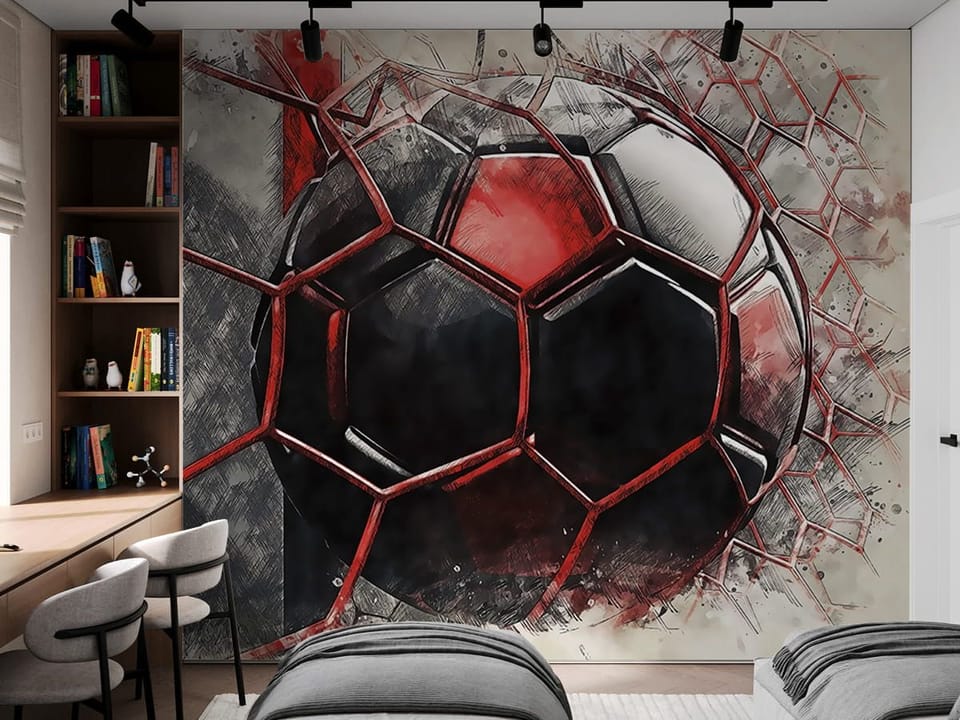 Fototapeta Piłka Nożna w Czerwono-Czarnych Barwach we wnętrzu pokoju dziecka