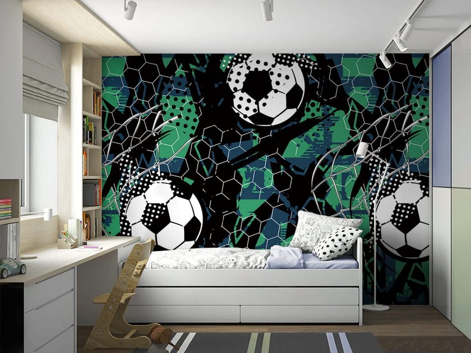 Fototapeta Piłki nożne na geometrycznym tle we wnętrzu pokoju dziecka