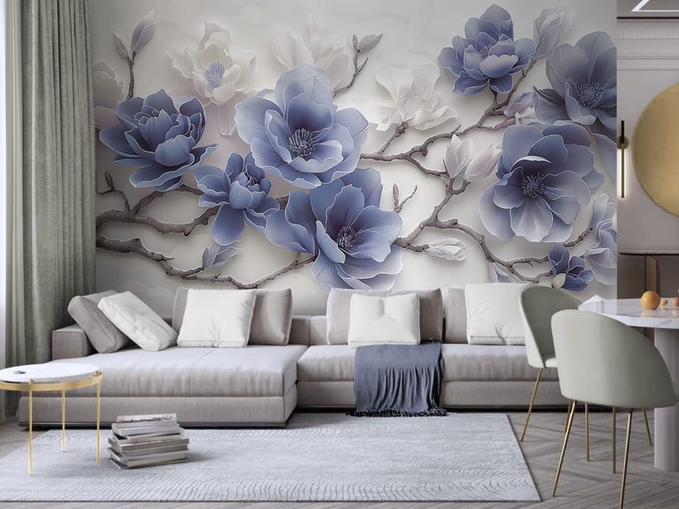 Fototapeta Gałąź magnolii na jasnym tle we wnętrzu salonu