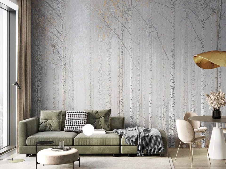 Fototapeta Las brzozowy we mgle we wnętrzu salonu