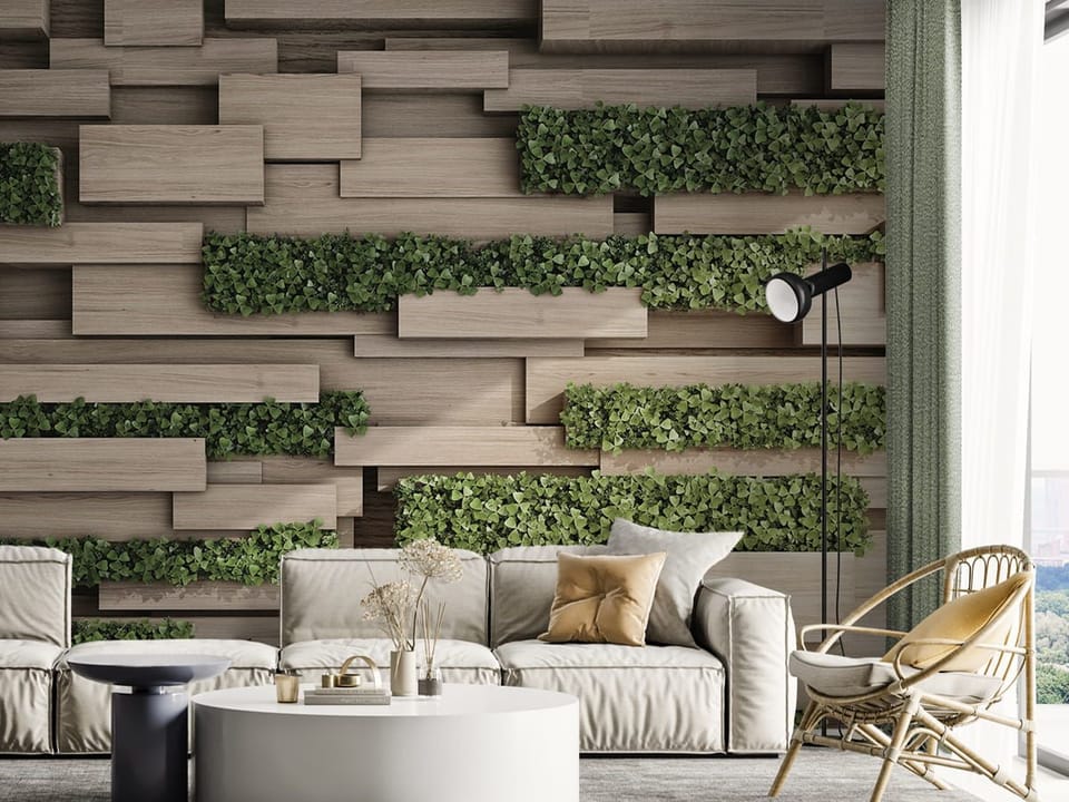 Fototapeta Drewniane panele z roślinami we wnętrzu salonu