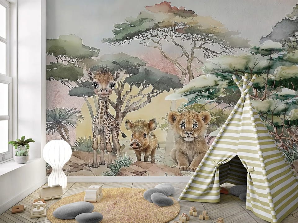 Fototapeta Młode zwierzęta na sawannie we wnętrzu pokoju dziecka
