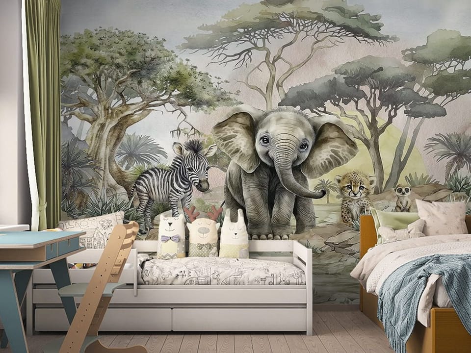 Fototapeta Słonik i zebra na sawannie we wnętrzu pokoju dziecka