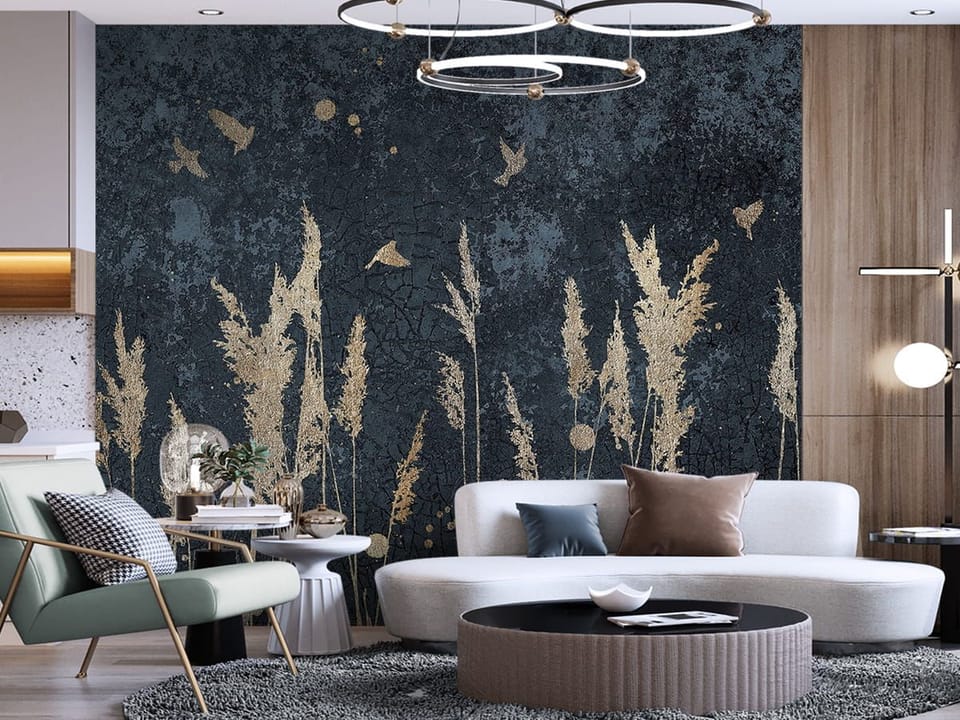 Fototapeta Złote trawy na ciemnym tle we wnętrzu salonu