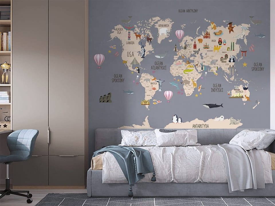 Fototapeta Ilustrowana mapa świata dla dzieci we wnętrzu pokoju dziecka